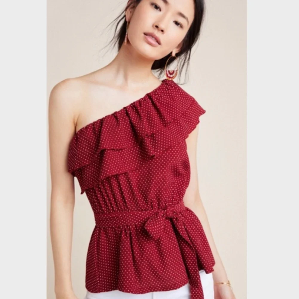 ANTHROPOLOGIE One Shoulder Tie-Waist Peplum Top - Picture 1 of 8